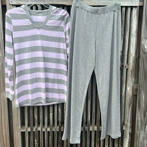 Nottibianche Pajama Set top pink and gray striped hooded bottoms gray spandex
